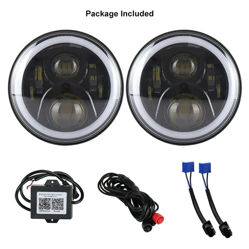 2 Pcs 7 Inch Dc12V 6000K - 6500K 50W Car Led Headlight Cree Lamp Beads For Jeep Wrangler / Harley Support App   Bluetooth Control Black