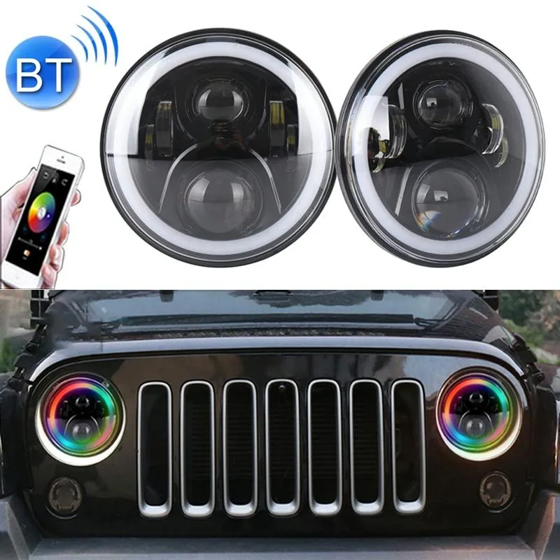 2 Pcs 7 Inch Dc12V 6000K - 6500K 50W Car Led Headlight Cree Lamp Beads For Jeep Wrangler / Harley Support App   Bluetooth Control Black