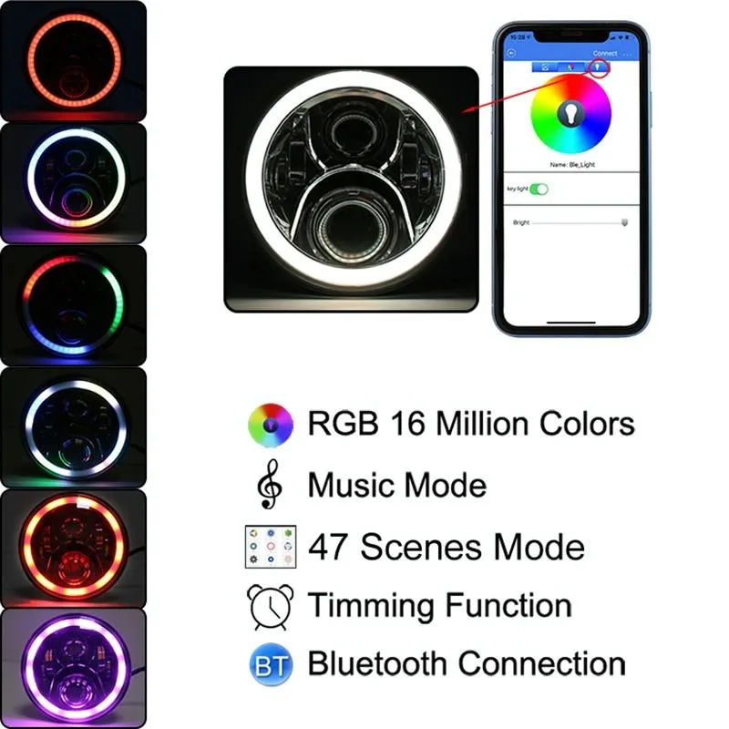 2 Pcs 7 Inch Dc12V 6000K - 6500K 50W Car Led Headlight Cree Lamp Beads For Jeep Wrangler / Harley Support App   Bluetooth Control Black