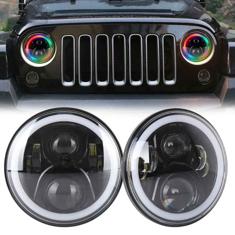 2 Pcs 7 Inch Dc12V 6000K - 6500K 50W Car Led Headlight Cree Lamp Beads For Jeep Wrangler / Harley Support App   Bluetooth Control Black