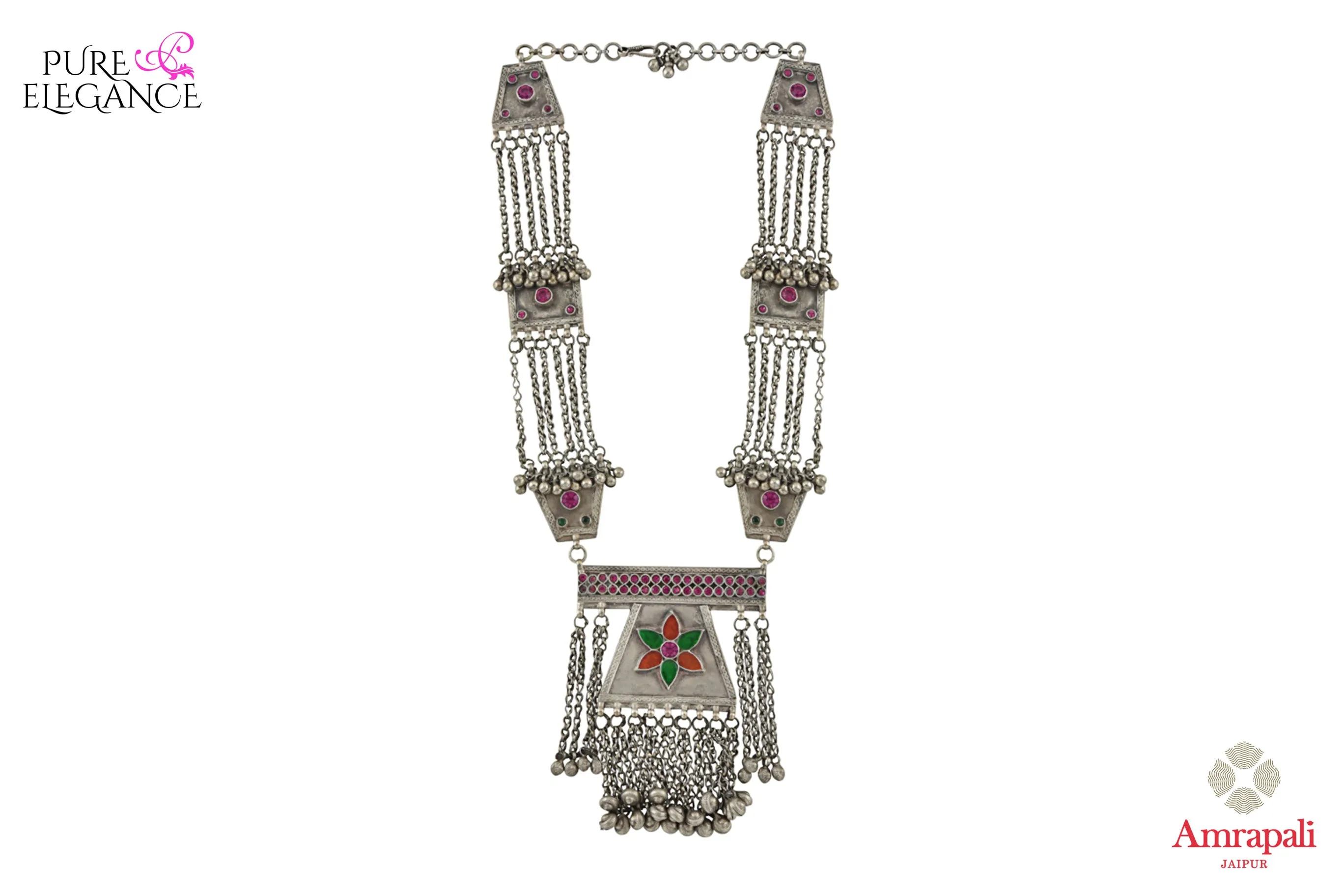 20B696 Silver Multichain Glass Necklace with Silver Beads