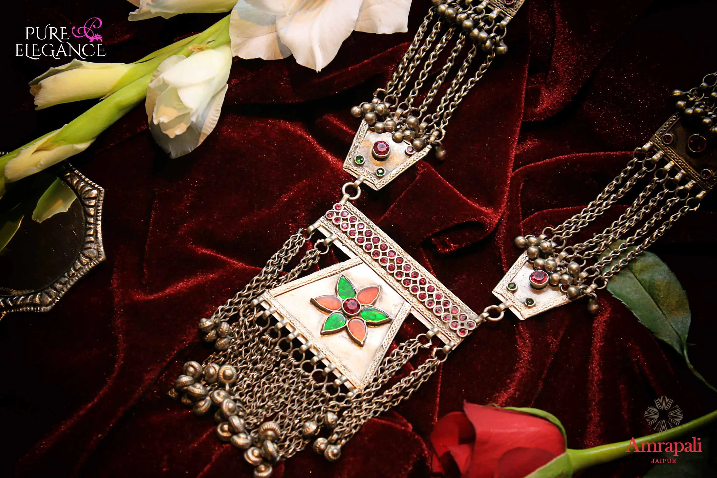 20B696 Silver Multichain Glass Necklace with Silver Beads