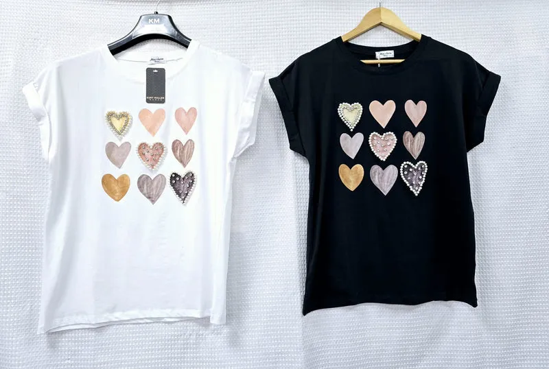 (2P.PACK) Pearl Crystal Multi Heart Cotton Top T-shirt