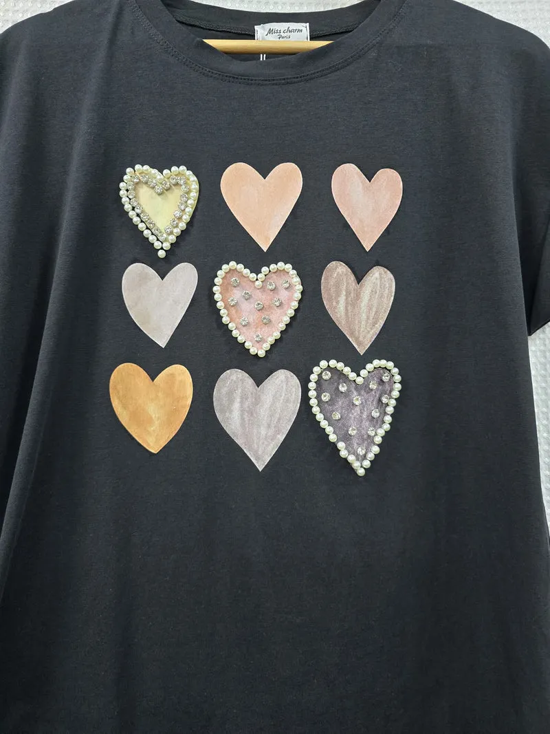 (2P.PACK) Pearl Crystal Multi Heart Cotton Top T-shirt