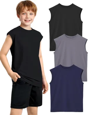 3 Packs Boys Tank Tops Quick Dry Athletic Breathable Mesh Moisture Wicking Sleeveless Muscle T-Shirts for Kids