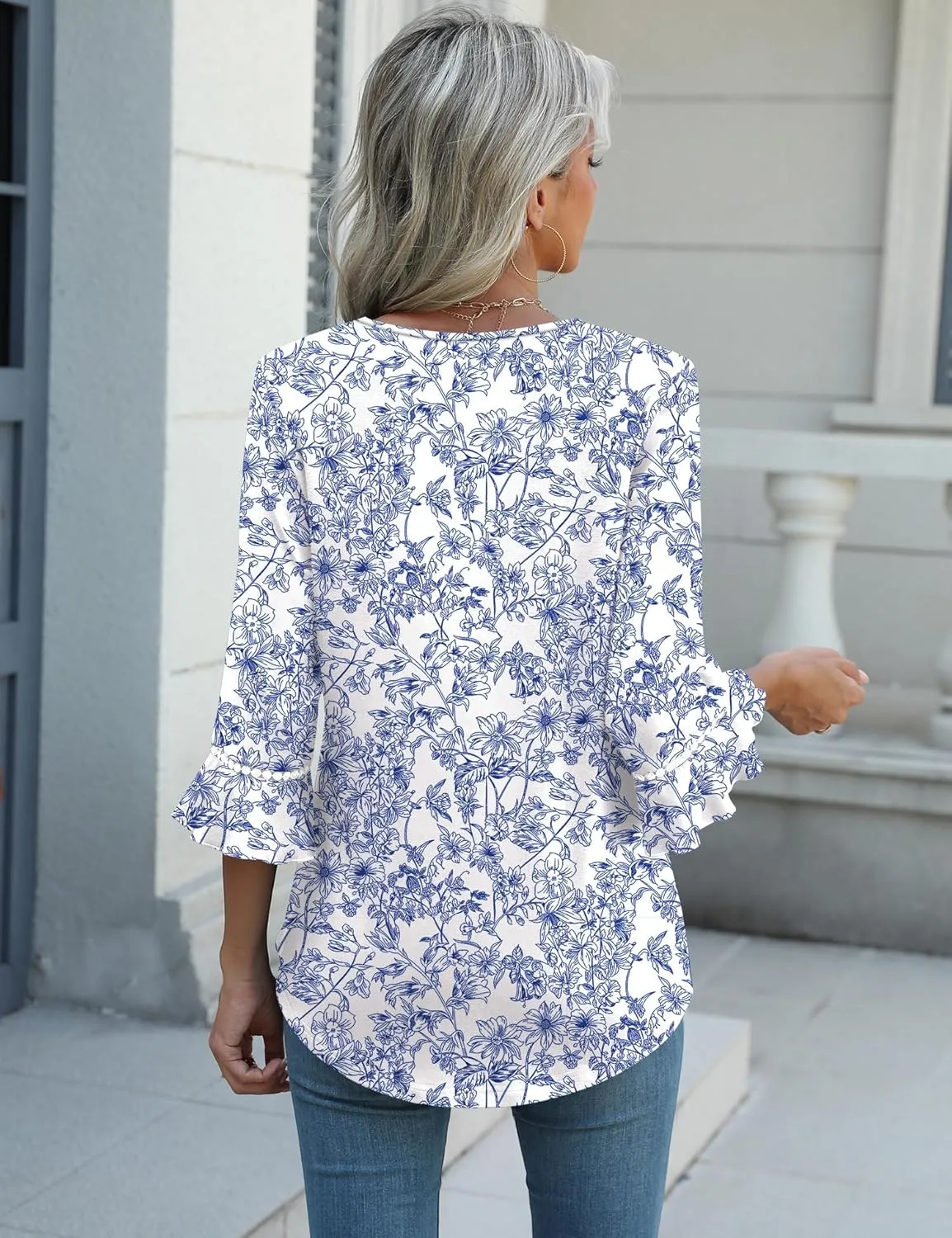 3/4 Length Sleeve Womens Tops Summer Ruffle Sleeve Blouses V-Neck Lace T-Shirts Dressy Casual