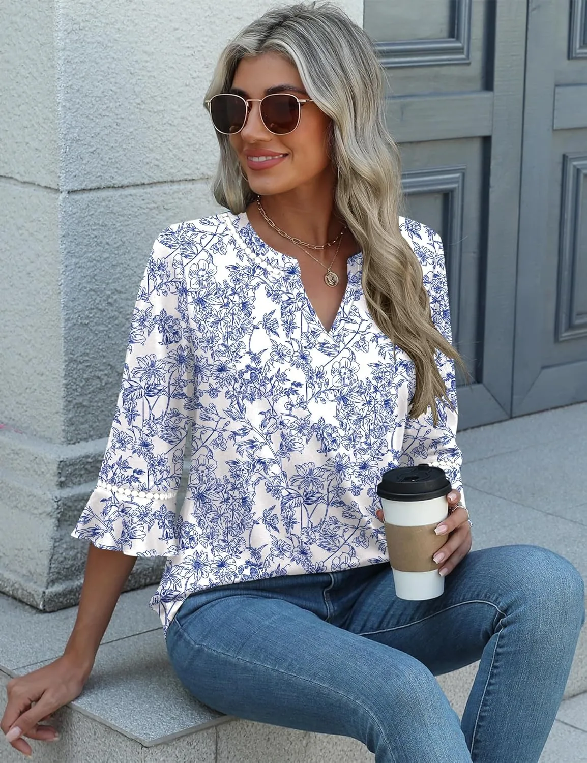 3/4 Length Sleeve Womens Tops Summer Ruffle Sleeve Blouses V-Neck Lace T-Shirts Dressy Casual