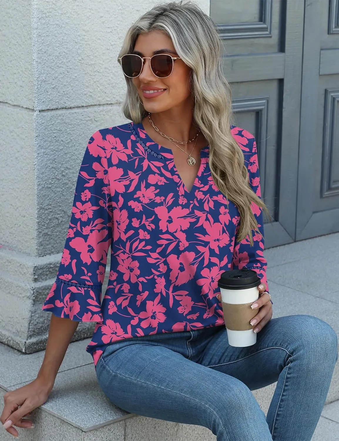 3/4 Length Sleeve Womens Tops Summer Ruffle Sleeve Blouses V-Neck Lace T-Shirts Dressy Casual