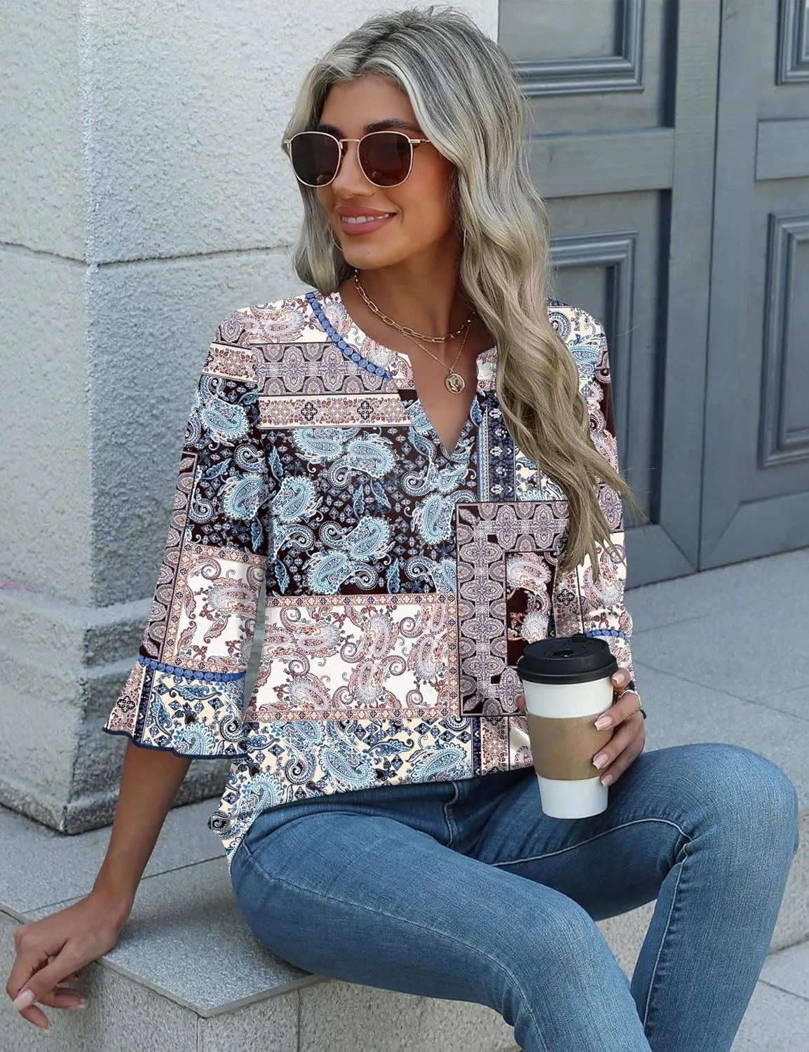 3/4 Length Sleeve Womens Tops Summer Ruffle Sleeve Blouses V-Neck Lace T-Shirts Dressy Casual