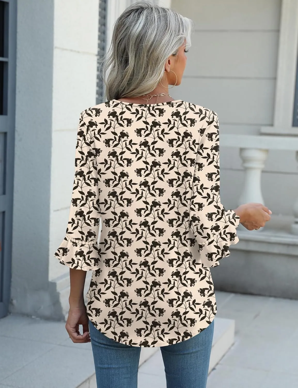 3/4 Length Sleeve Womens Tops Summer Ruffle Sleeve Blouses V-Neck Lace T-Shirts Dressy Casual
