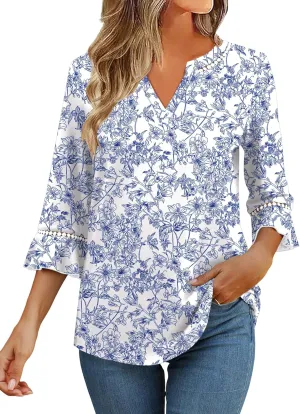 3/4 Length Sleeve Womens Tops Summer Ruffle Sleeve Blouses V-Neck Lace T-Shirts Dressy Casual