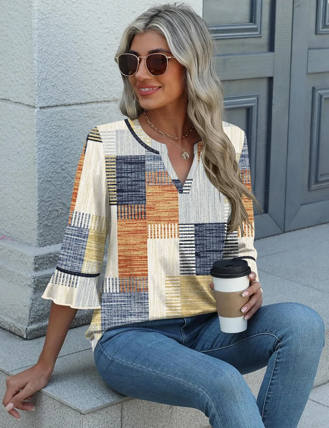 3/4 Length Sleeve Womens Tops Summer Ruffle Sleeve Blouses V-Neck Lace T-Shirts Dressy Casual