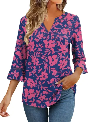 3/4 Length Sleeve Womens Tops Summer Ruffle Sleeve Blouses V-Neck Lace T-Shirts Dressy Casual