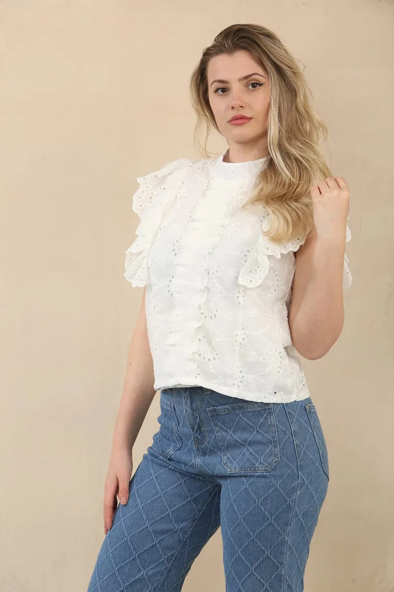 (3P.PACK) Pearl Trim Anglais Lace Blouse