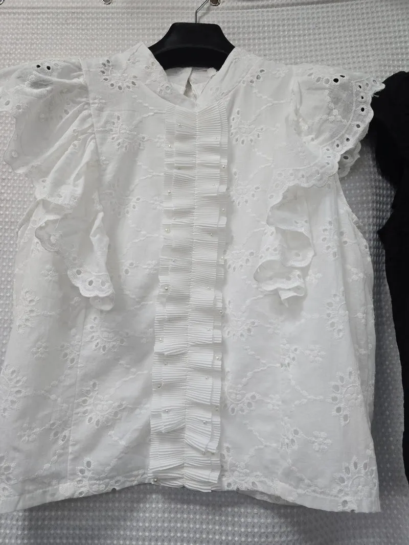 (3P.PACK) Pearl Trim Anglais Lace Blouse