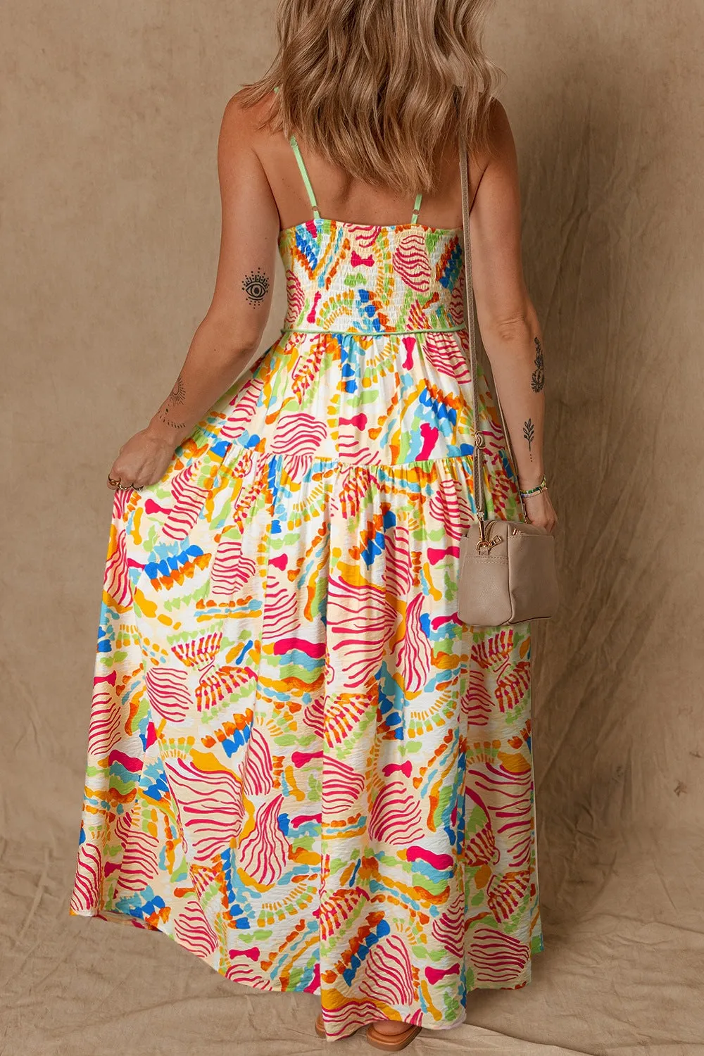 Abstract Print Spaghetti Strap Piping Detail Maxi Dress