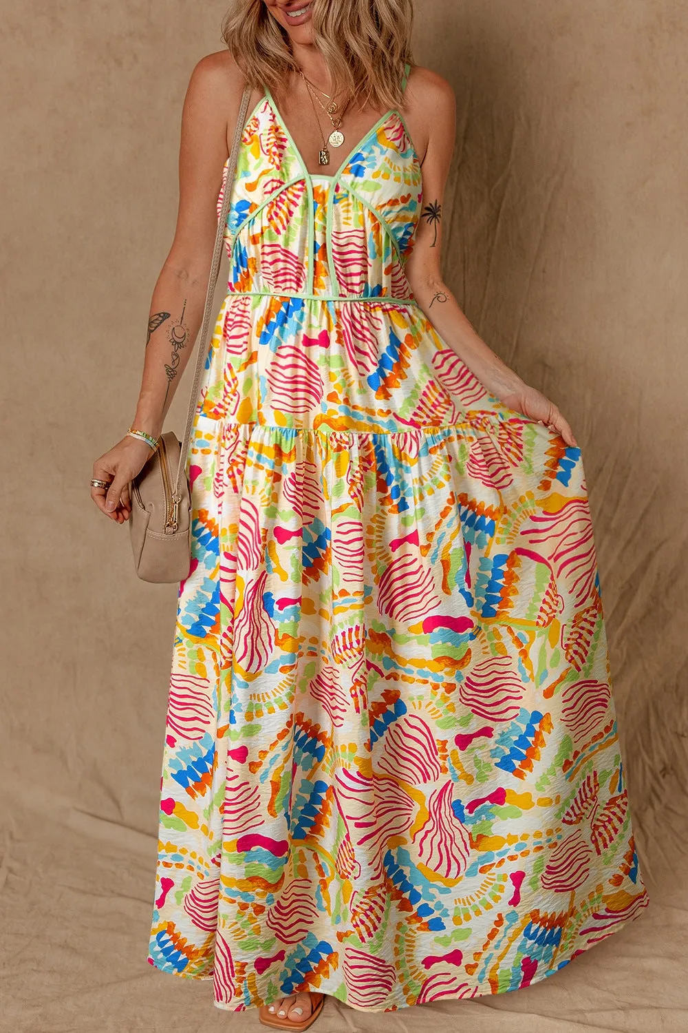 Abstract Print Spaghetti Strap Piping Detail Maxi Dress
