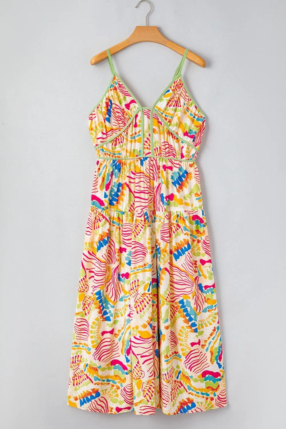 Abstract Print Spaghetti Strap Piping Detail Maxi Dress