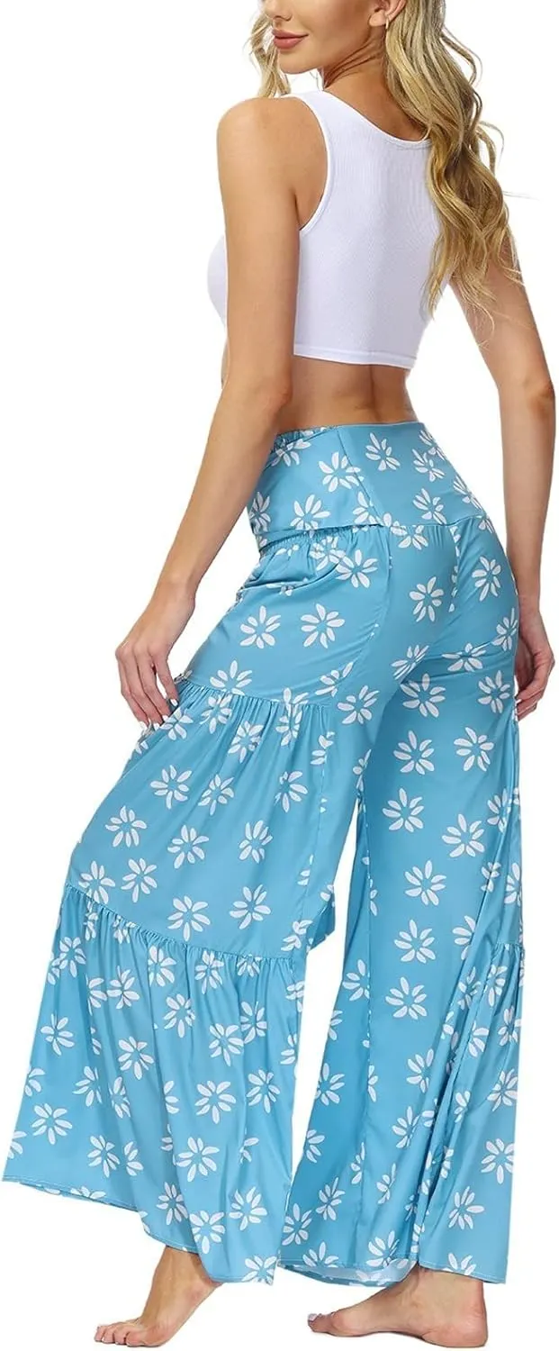 ALBIZIA High Waist Wide Leg Pant for Women Summer Casual Boho Floral Beach Pants Bohemian Belted Trousers
