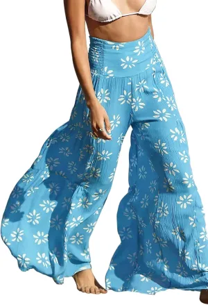 ALBIZIA High Waist Wide Leg Pant for Women Summer Casual Boho Floral Beach Pants Bohemian Belted Trousers