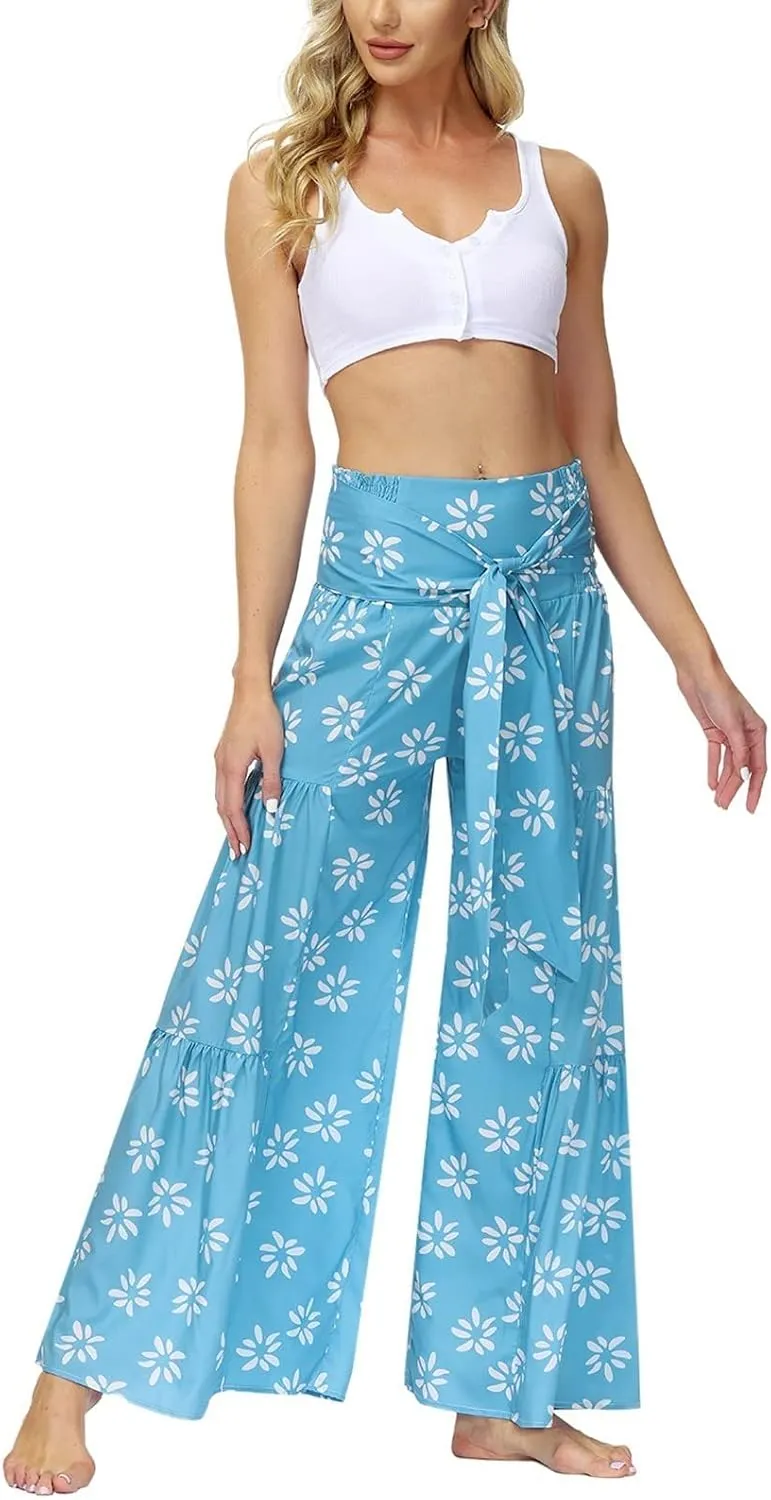 ALBIZIA High Waist Wide Leg Pant for Women Summer Casual Boho Floral Beach Pants Bohemian Belted Trousers