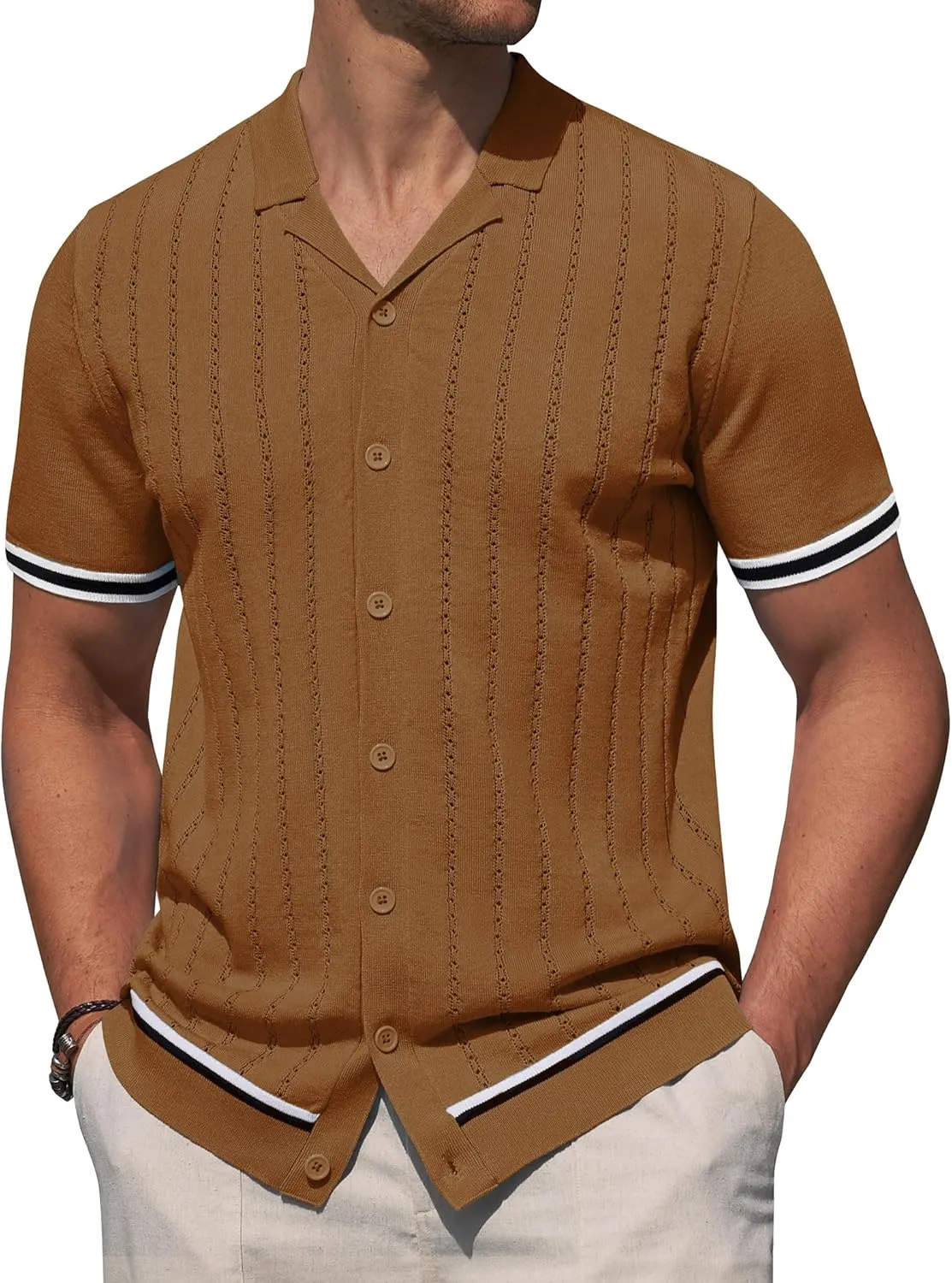 Alimens & Gentle Men's Short Sleeve Button Down Shirts Knit Casual Shirts for Men Vintage Cuban Shirt Striped Knitted