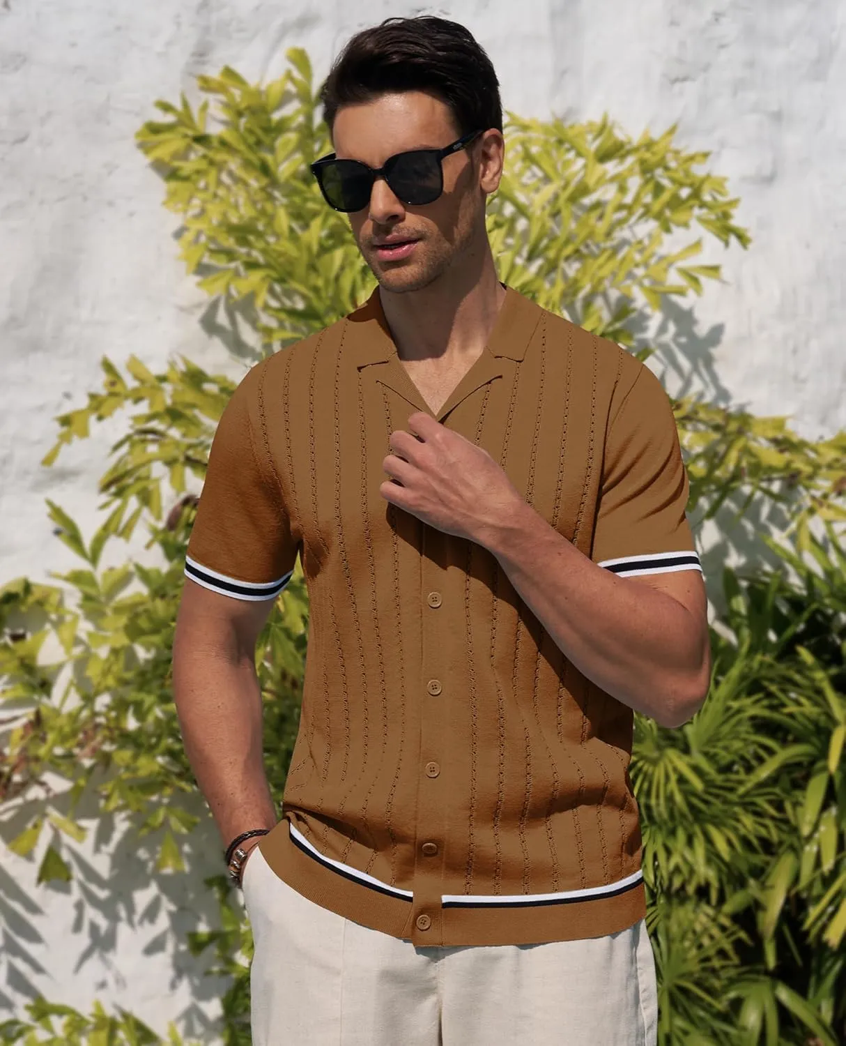 Alimens & Gentle Men's Short Sleeve Button Down Shirts Knit Casual Shirts for Men Vintage Cuban Shirt Striped Knitted