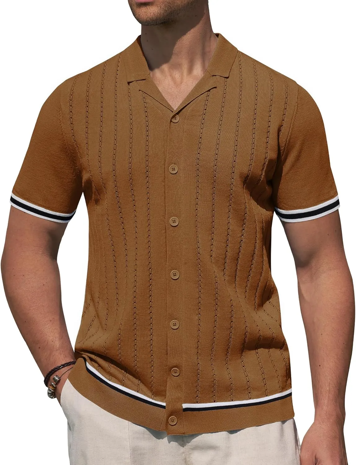Alimens & Gentle Men's Short Sleeve Button Down Shirts Knit Casual Shirts for Men Vintage Cuban Shirt Striped Knitted