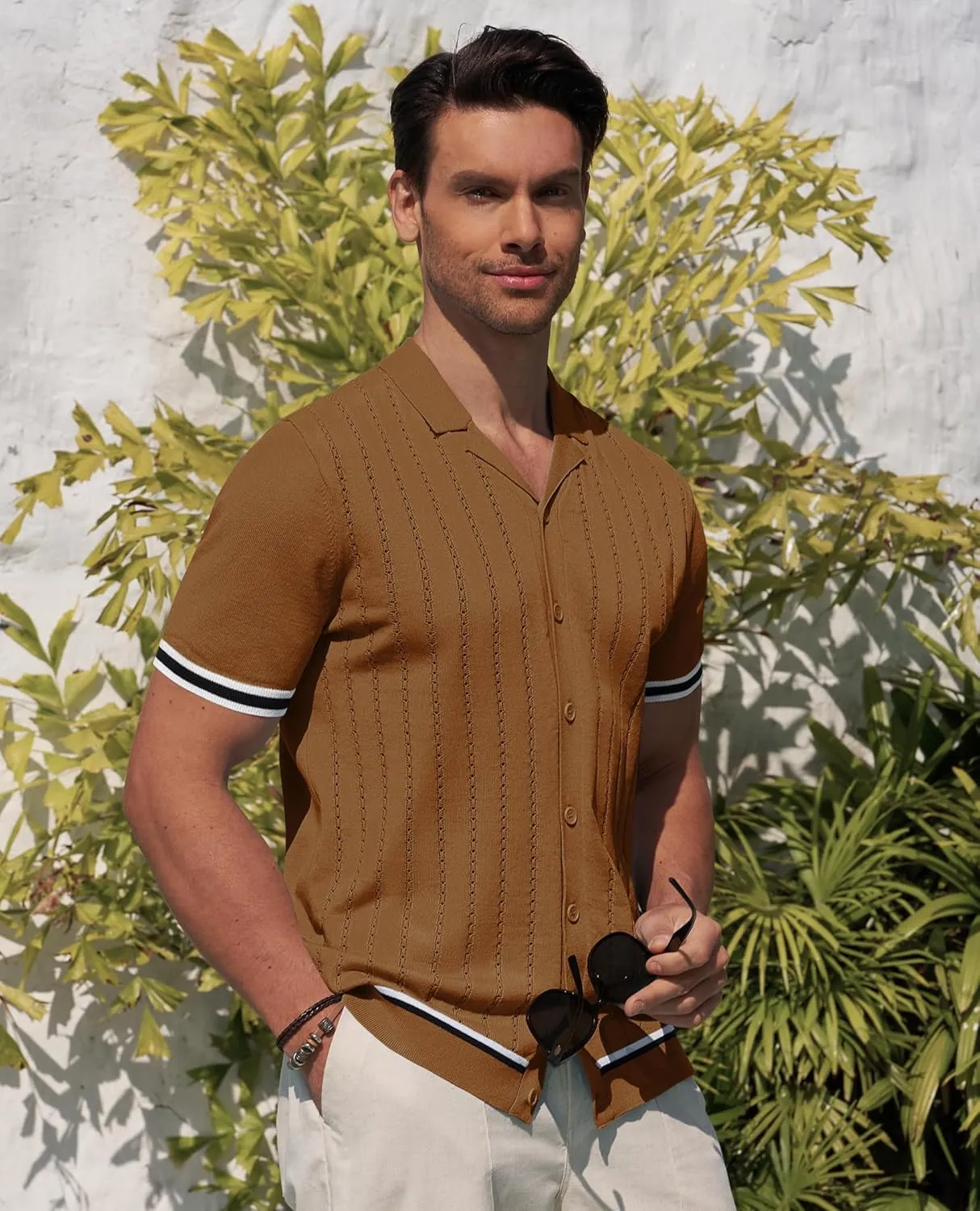 Alimens & Gentle Men's Short Sleeve Button Down Shirts Knit Casual Shirts for Men Vintage Cuban Shirt Striped Knitted