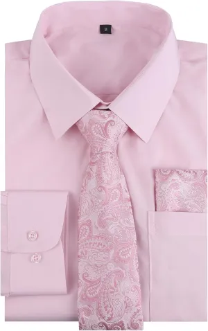 Alizeal 3pcs Mens Dress Shirt with Tie Pocket Square Set Classic Long Sleeve Shirts Matching Necktie Button Down Shirt