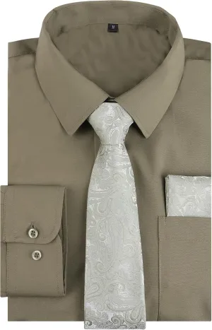 Alizeal 3pcs Mens Dress Shirt with Tie Pocket Square Set Classic Long Sleeve Shirts Matching Necktie Button Down Shirt