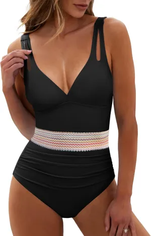 ANRABESS One Piece Swimsuit for Women Tummy Control V Neck Slimming Sexy Bathing Suit Color Block Padded Beach Swimwear