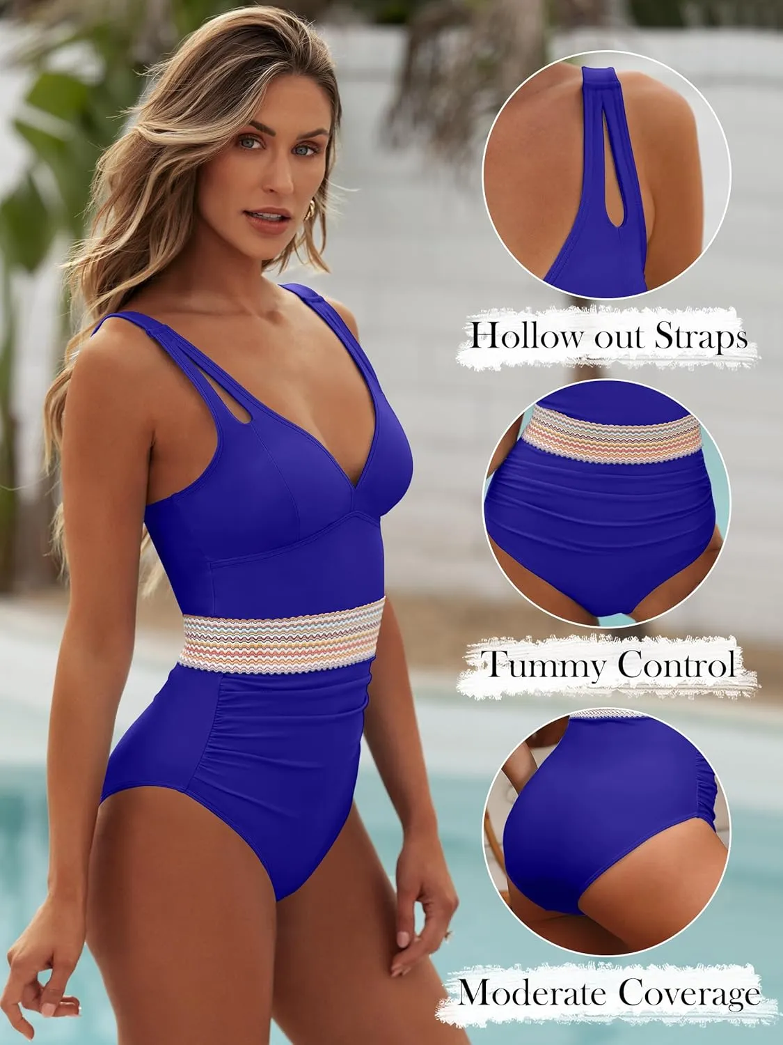 ANRABESS One Piece Swimsuit for Women Tummy Control V Neck Slimming Sexy Bathing Suit Color Block Padded Beach Swimwear