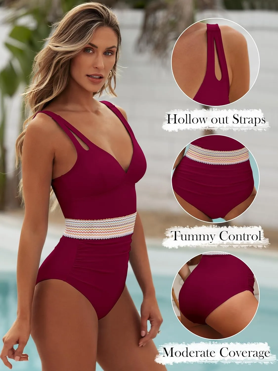 ANRABESS One Piece Swimsuit for Women Tummy Control V Neck Slimming Sexy Bathing Suit Color Block Padded Beach Swimwear