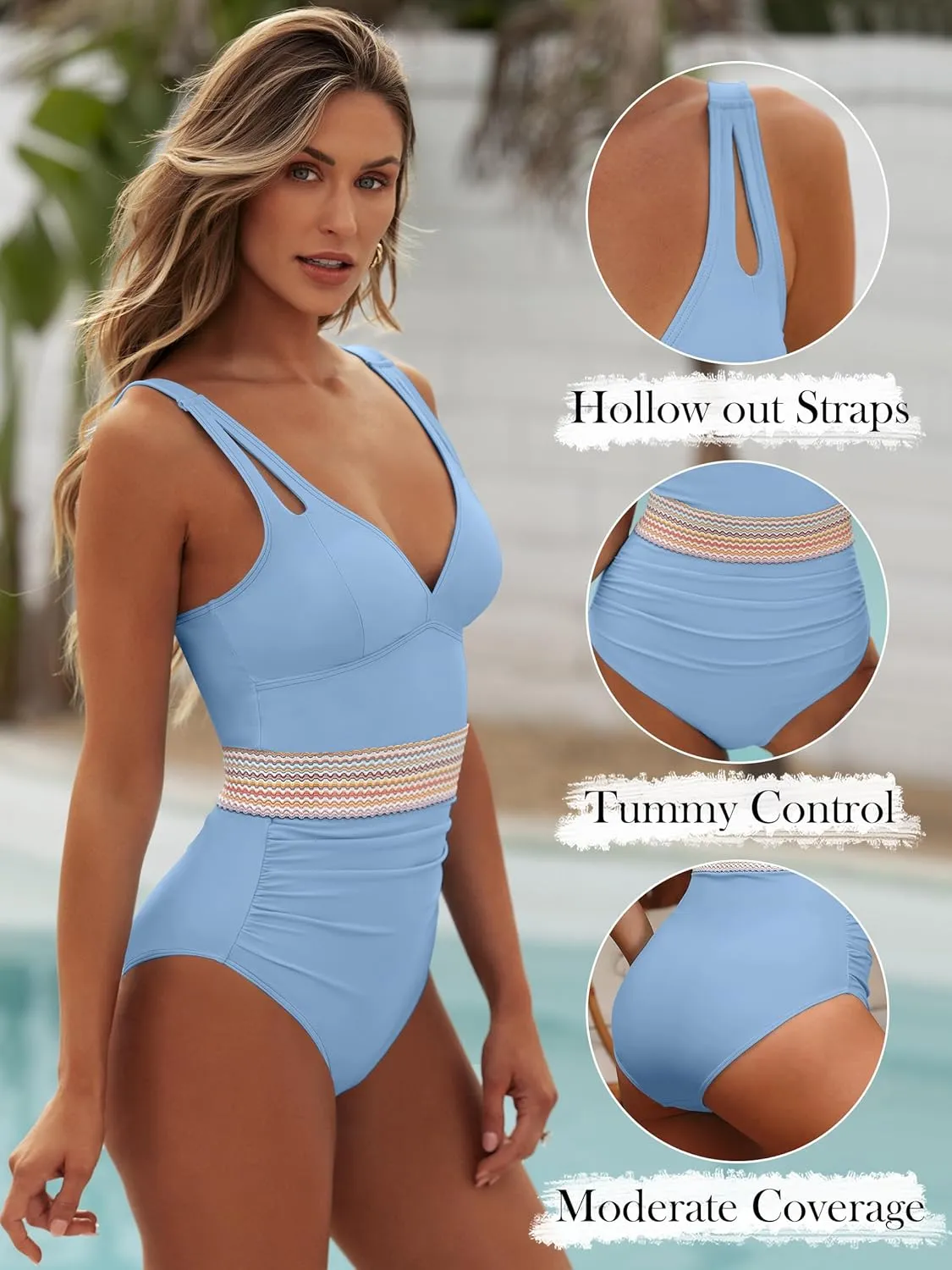 ANRABESS One Piece Swimsuit for Women Tummy Control V Neck Slimming Sexy Bathing Suit Color Block Padded Beach Swimwear
