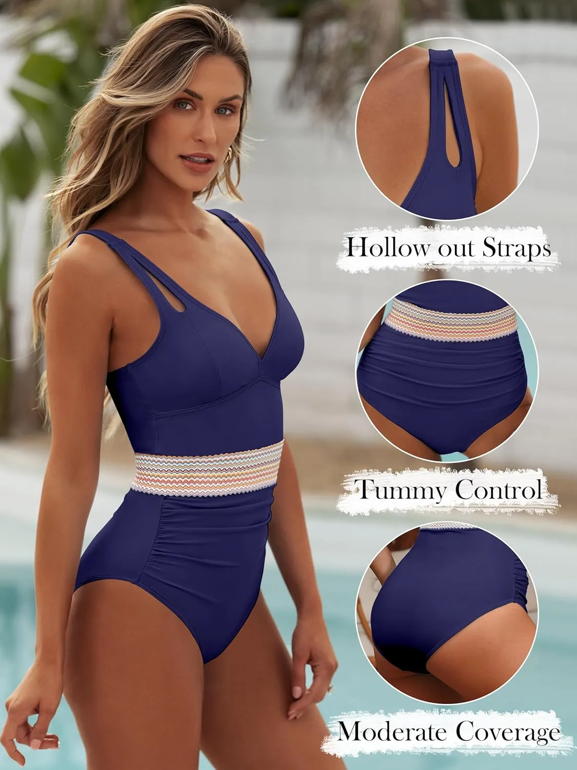 ANRABESS One Piece Swimsuit for Women Tummy Control V Neck Slimming Sexy Bathing Suit Color Block Padded Beach Swimwear