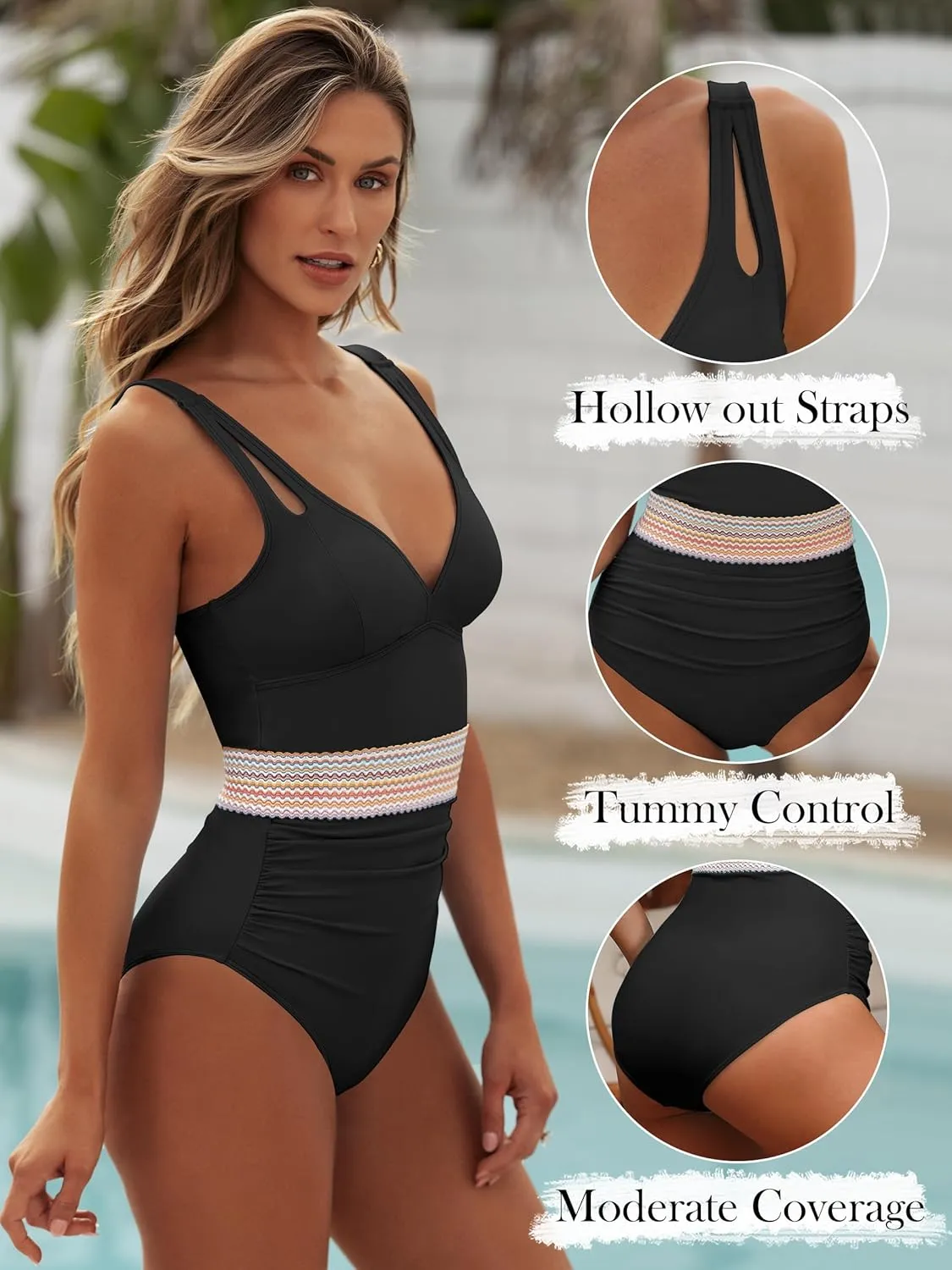 ANRABESS One Piece Swimsuit for Women Tummy Control V Neck Slimming Sexy Bathing Suit Color Block Padded Beach Swimwear