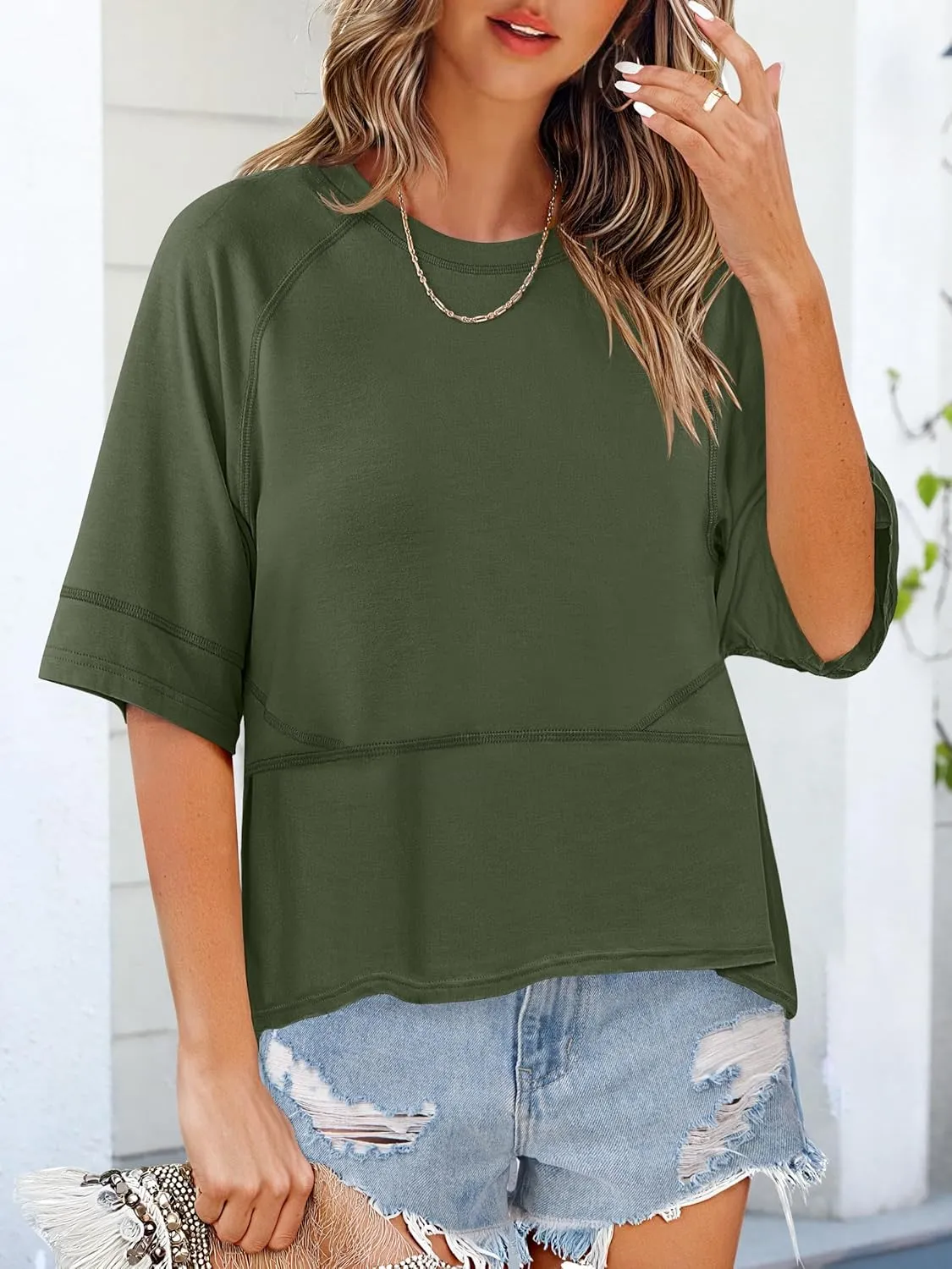 ANRABESS Womens Tops Crewneck Half Sleeve Loose Fit T Shirts Solid Cute Flowy Shirts Summer Casual Tees 2025 Trendy Outfits