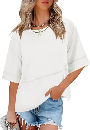 ANRABESS Womens Tops Crewneck Half Sleeve Loose Fit T Shirts Solid Cute Flowy Shirts Summer Casual Tees 2025 Trendy Outfits