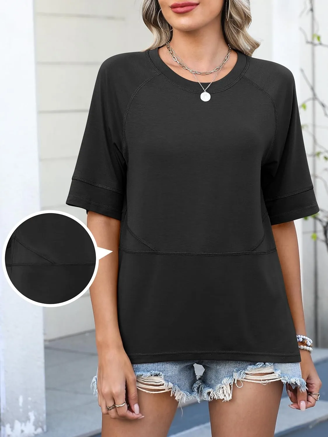 ANRABESS Womens Tops Crewneck Half Sleeve Loose Fit T Shirts Solid Cute Flowy Shirts Summer Casual Tees 2025 Trendy Outfits