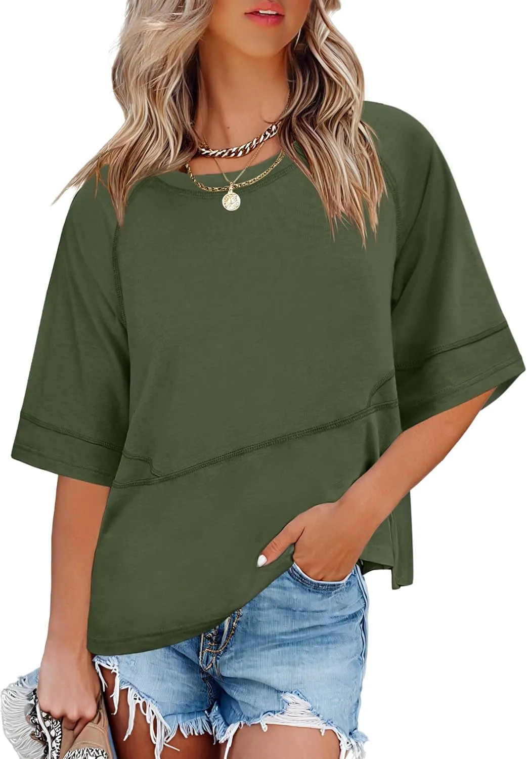 ANRABESS Womens Tops Crewneck Half Sleeve Loose Fit T Shirts Solid Cute Flowy Shirts Summer Casual Tees 2025 Trendy Outfits