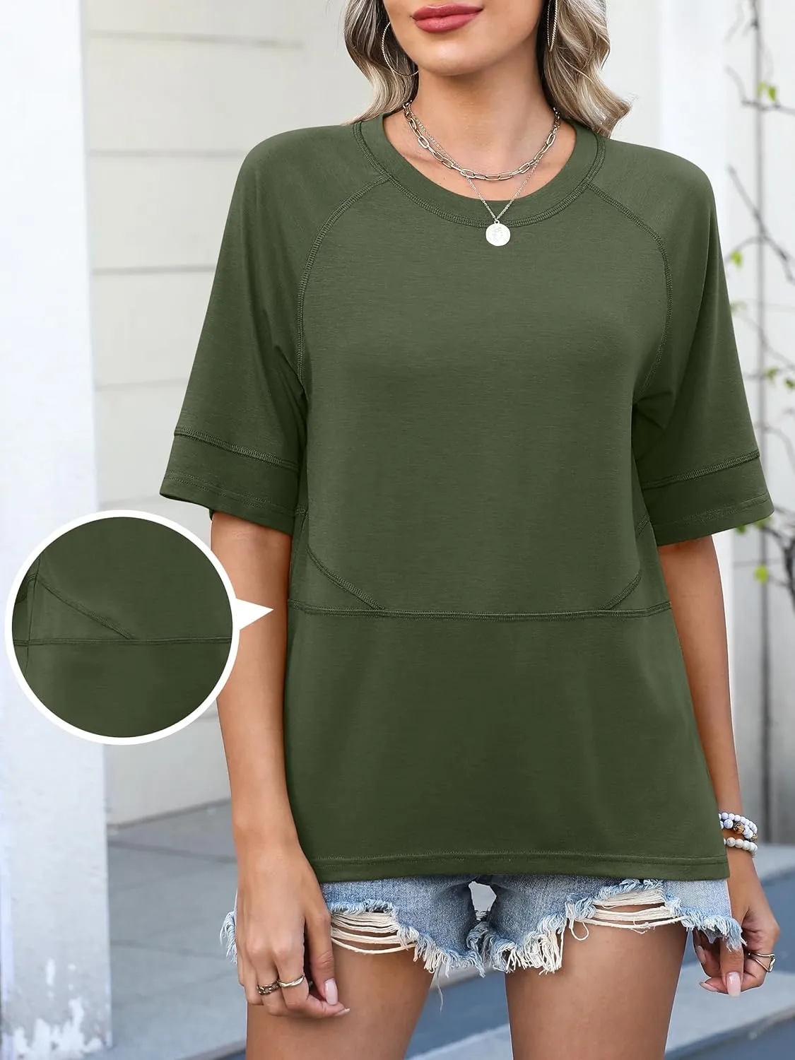 ANRABESS Womens Tops Crewneck Half Sleeve Loose Fit T Shirts Solid Cute Flowy Shirts Summer Casual Tees 2025 Trendy Outfits