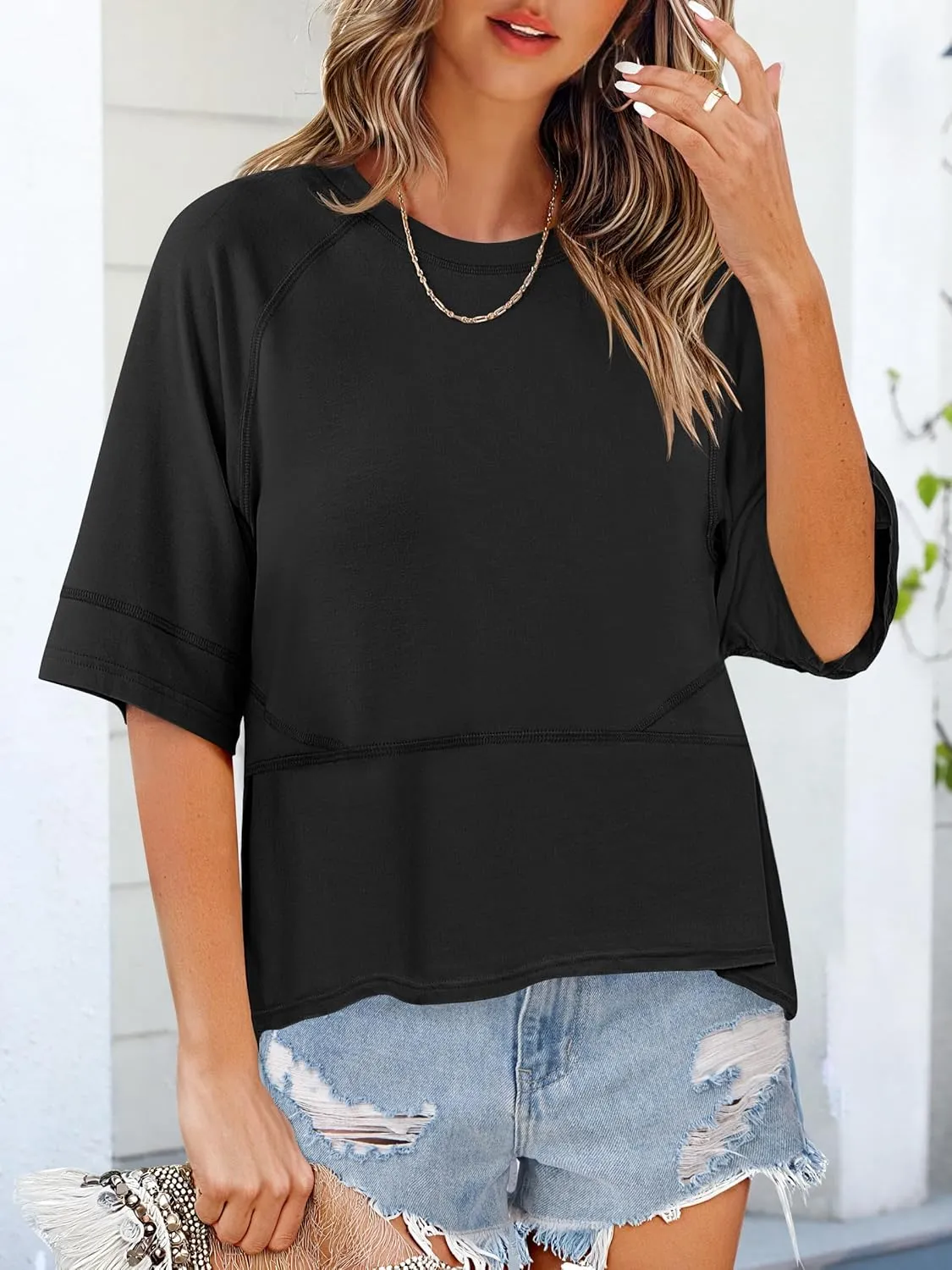 ANRABESS Womens Tops Crewneck Half Sleeve Loose Fit T Shirts Solid Cute Flowy Shirts Summer Casual Tees 2025 Trendy Outfits
