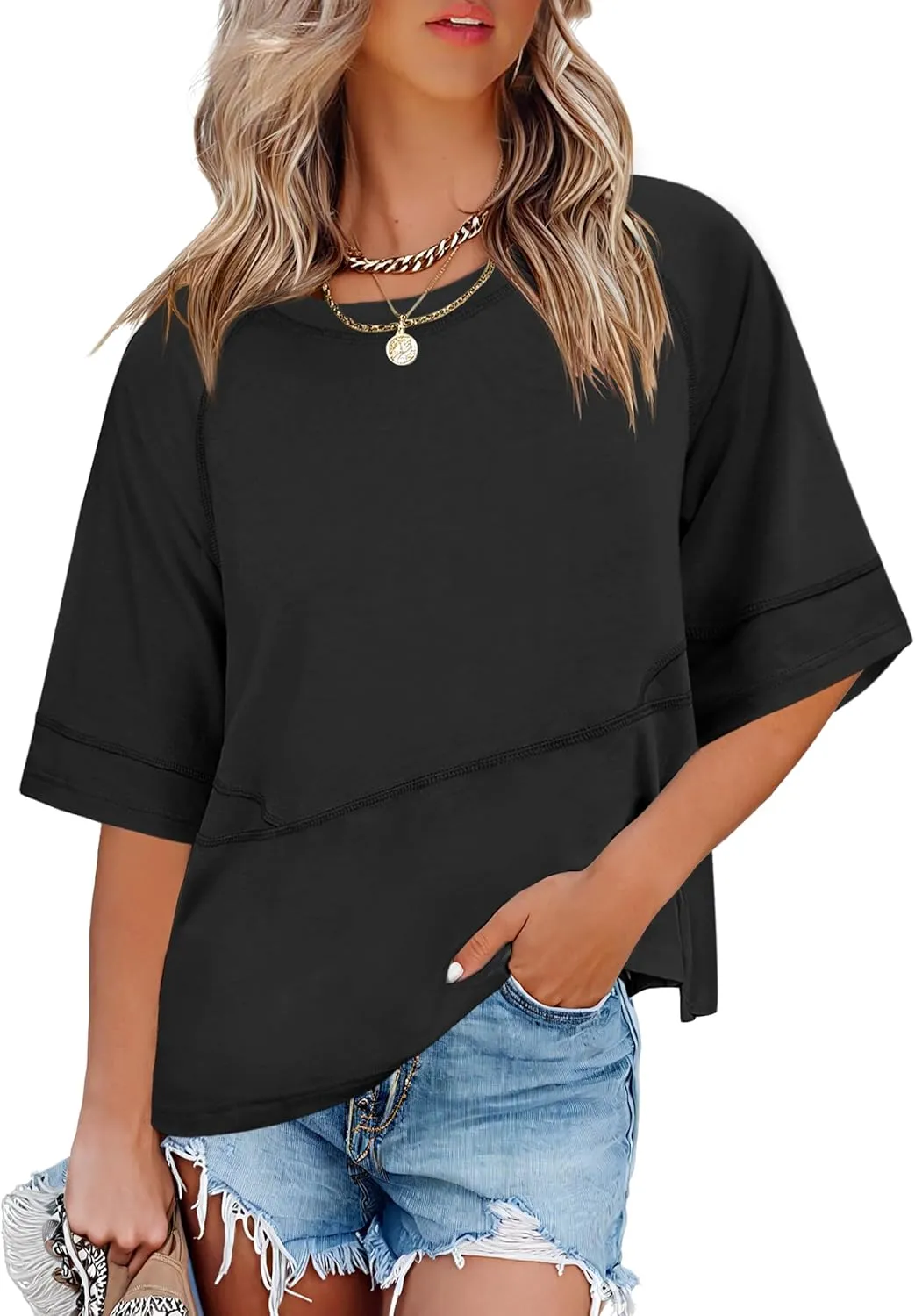 ANRABESS Womens Tops Crewneck Half Sleeve Loose Fit T Shirts Solid Cute Flowy Shirts Summer Casual Tees 2025 Trendy Outfits