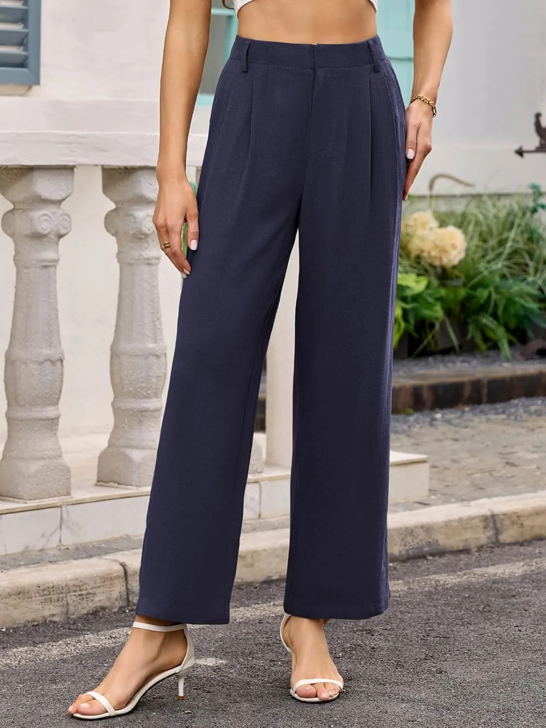 ANRILITA Linen Pants for Women High Waist Casual Flowy Pant Summer Wide Leg Trousers with Pocket