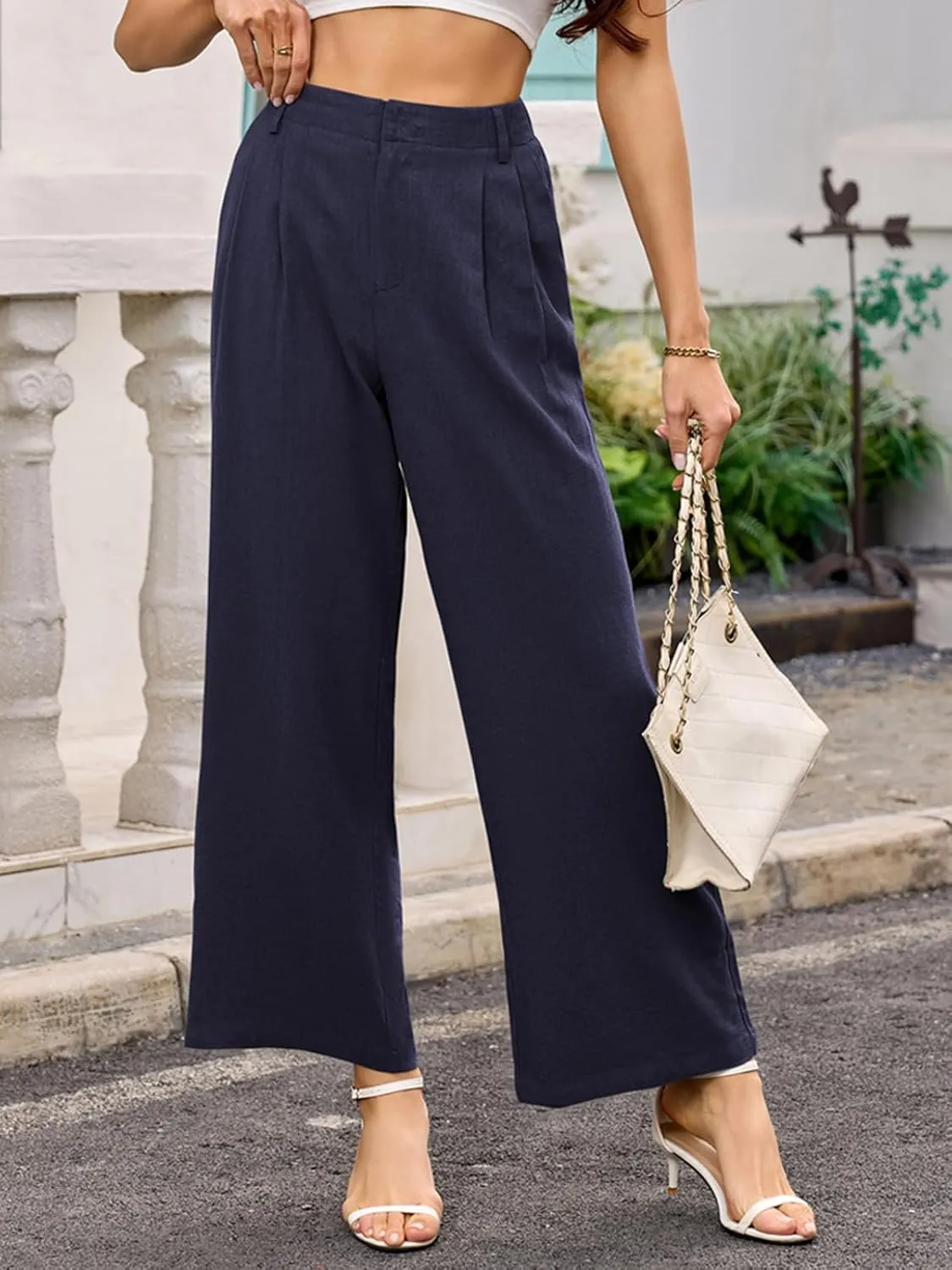 ANRILITA Linen Pants for Women High Waist Casual Flowy Pant Summer Wide Leg Trousers with Pocket
