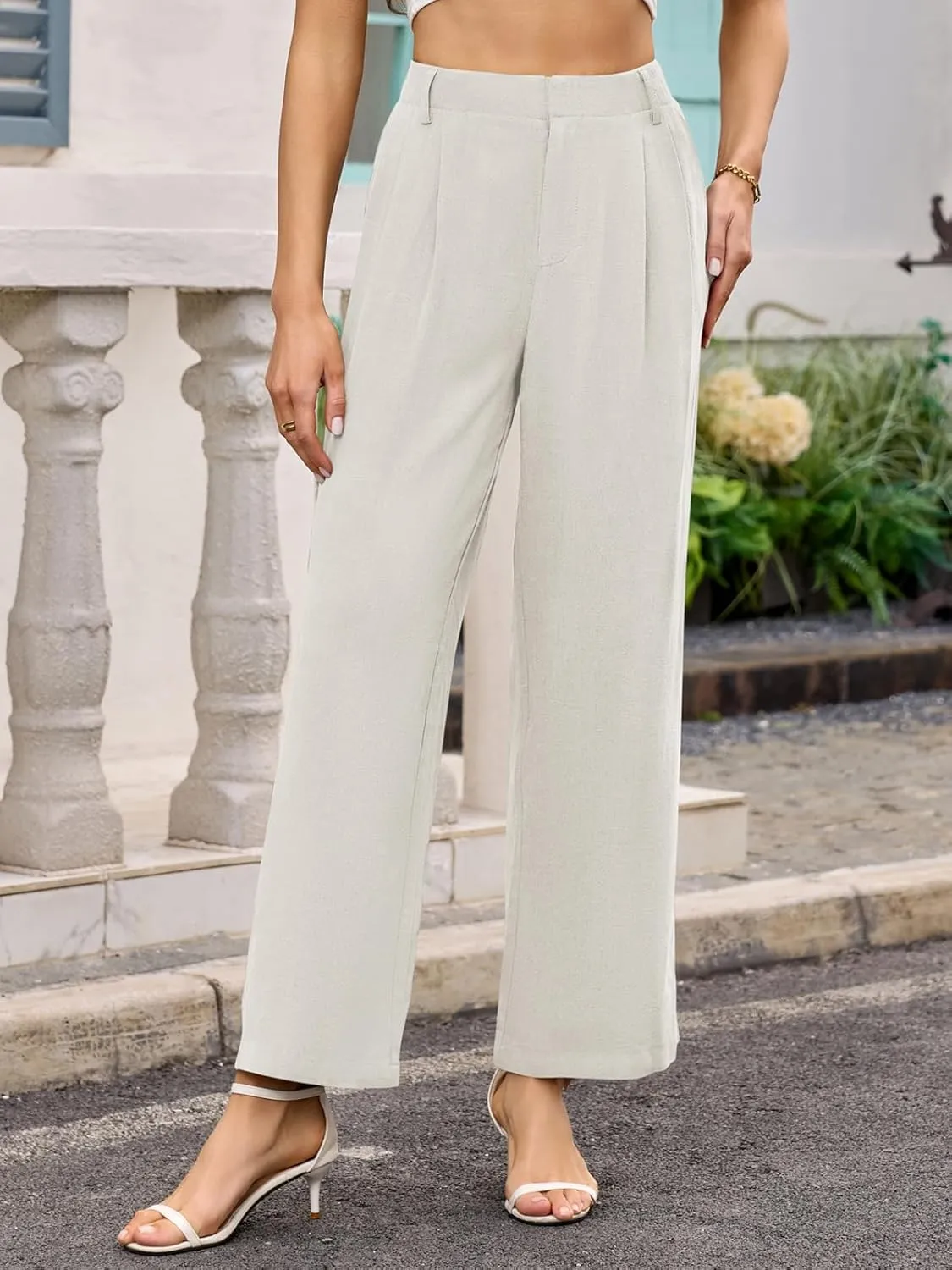 ANRILITA Linen Pants for Women High Waist Casual Flowy Pant Summer Wide Leg Trousers with Pocket
