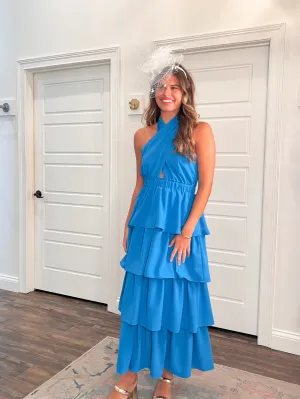 Aquamarine Cross Halter Tiered Dress
