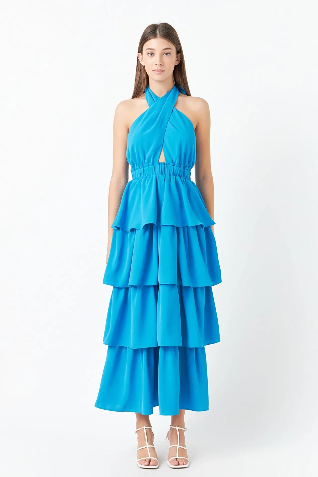 Aquamarine Cross Halter Tiered Dress