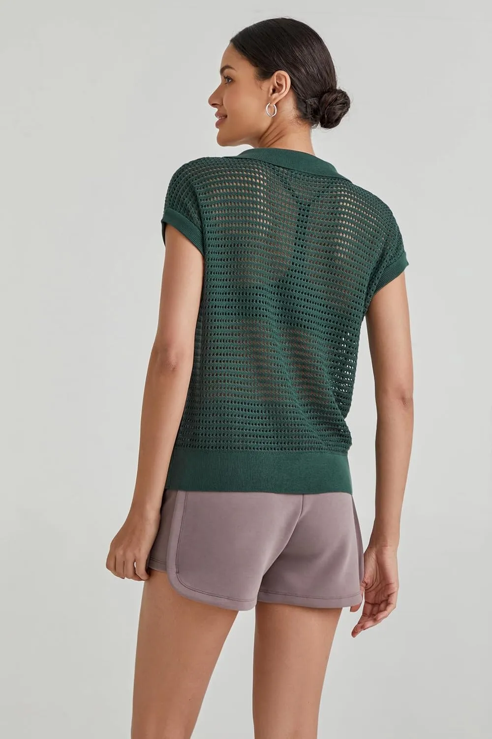 Arach&Cloz 2025 Women's Crochet Cap Sleeve Knit Tops Spring Summer Shirts Lightweight Collared Hollow Out Casual Blouses